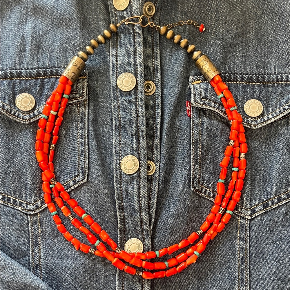 native American Indian Red coral, silver, and turquoise Beaded Necklace